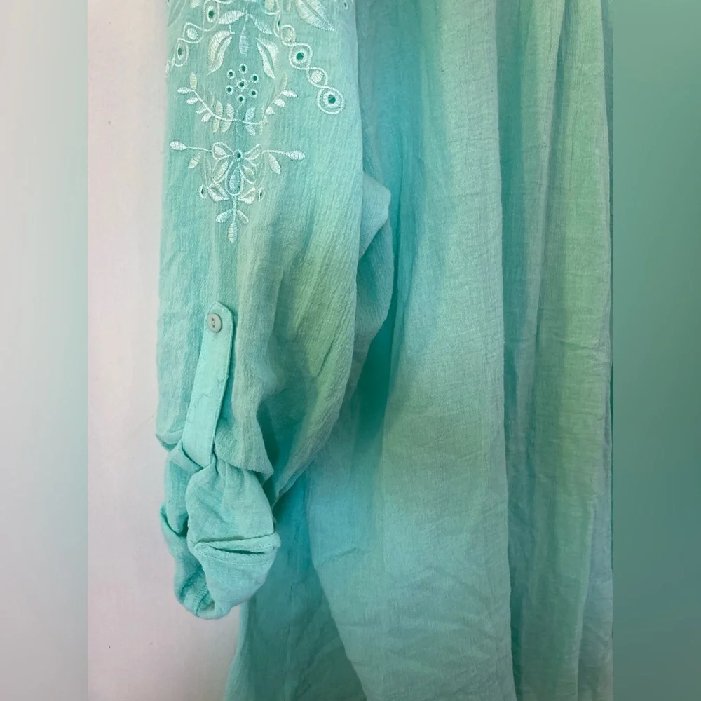 NWT soft surroundings 2X button down blouse roll tab sleeves aqua - Picture 8 of 10